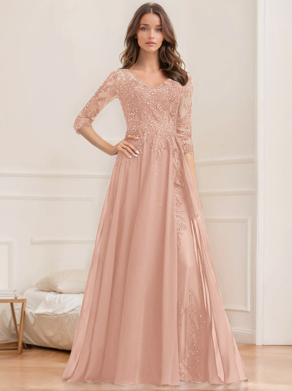 Floor Length V Neck A Line Princess Mother Of The Bride Dress With Sequins
