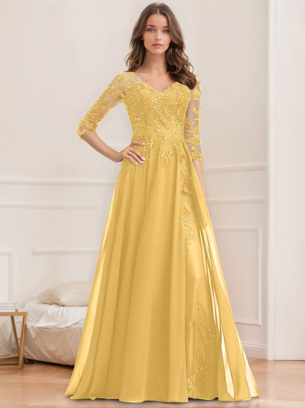 Floor Length V Neck A Line Princess Mother Of The Bride Dress With Sequins