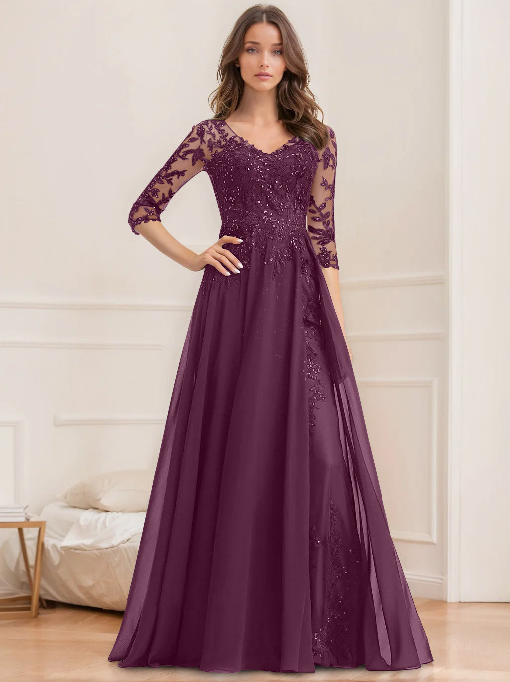 Floor Length V Neck A Line Princess Mother Of The Bride Dress With Sequins