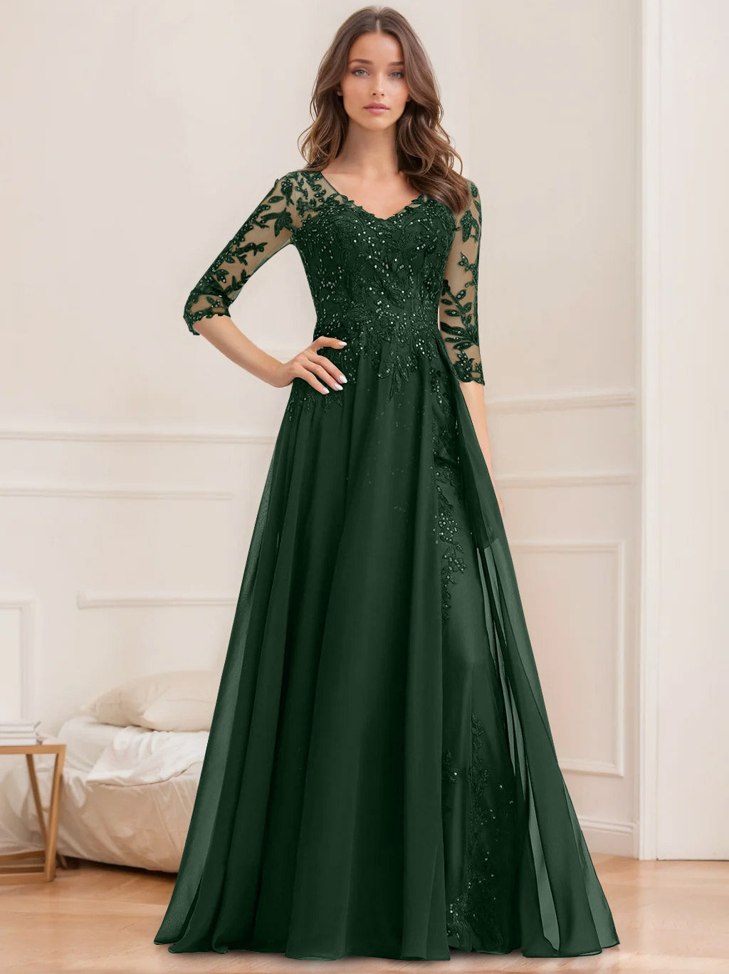 Floor Length V Neck A Line Princess Mother Of The Bride Dress With Sequins