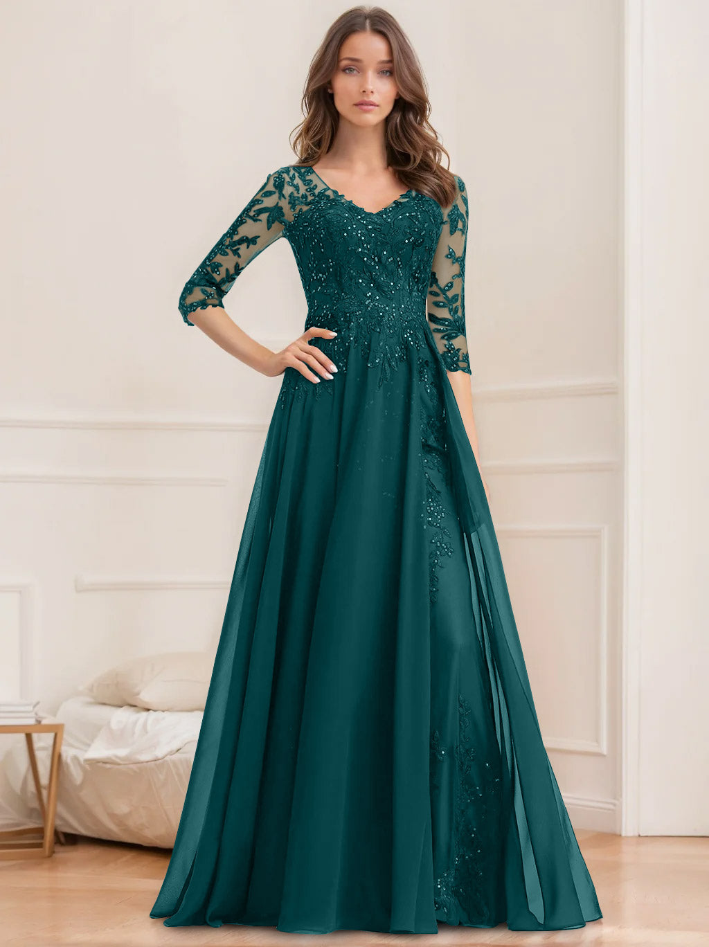 Floor Length V Neck A Line Princess Mother Of The Bride Dress With Sequins