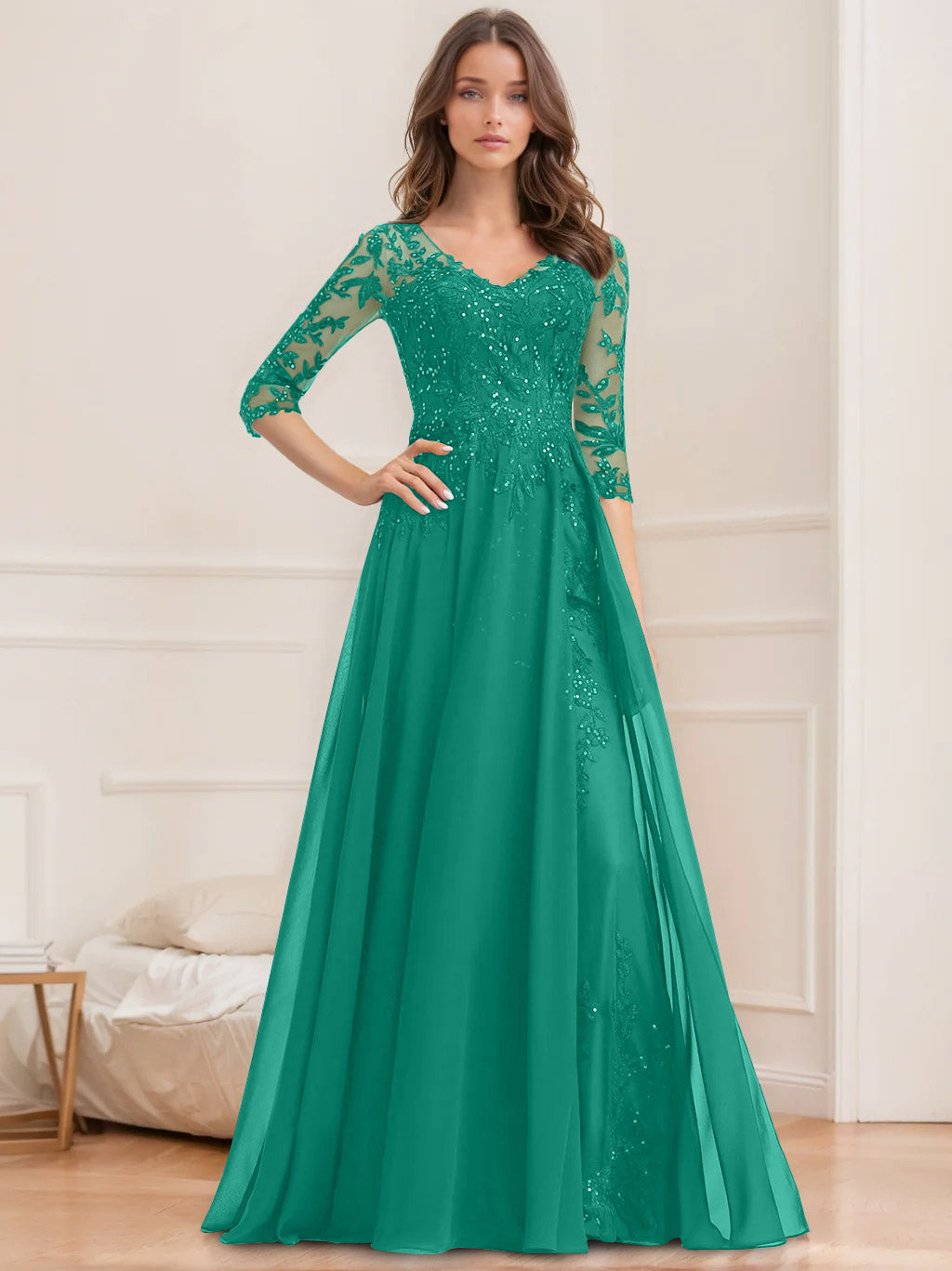 Floor Length V Neck A Line Princess Mother Of The Bride Dress With Sequins