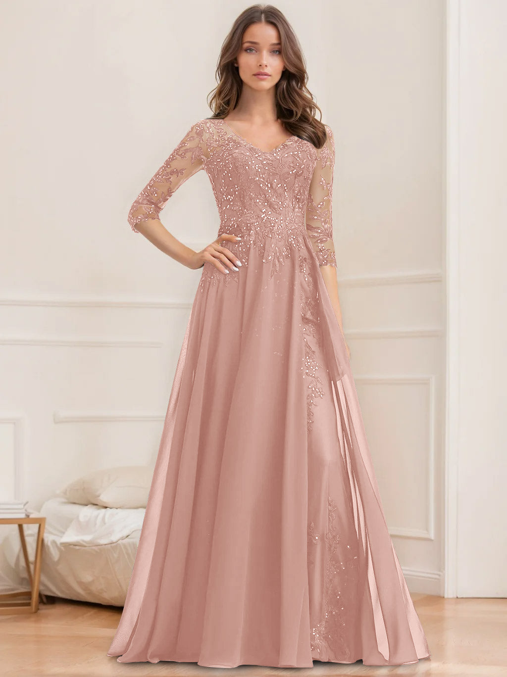 Floor Length V Neck A Line Princess Mother Of The Bride Dress With Sequins