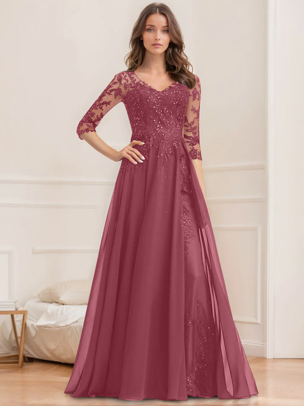 Floor Length V Neck A Line Princess Mother Of The Bride Dress With Sequins
