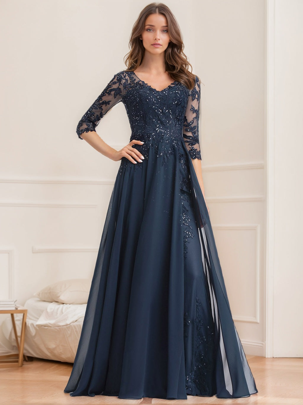 Floor Length V Neck A Line Princess Mother Of The Bride Dress With Sequins