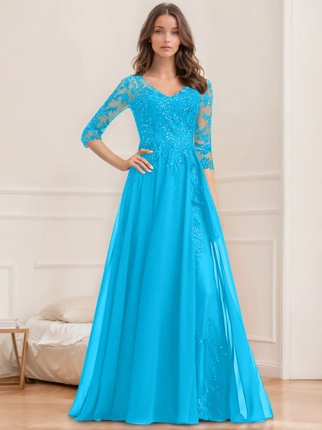 Floor Length V Neck A Line Princess Mother Of The Bride Dress With Sequins
