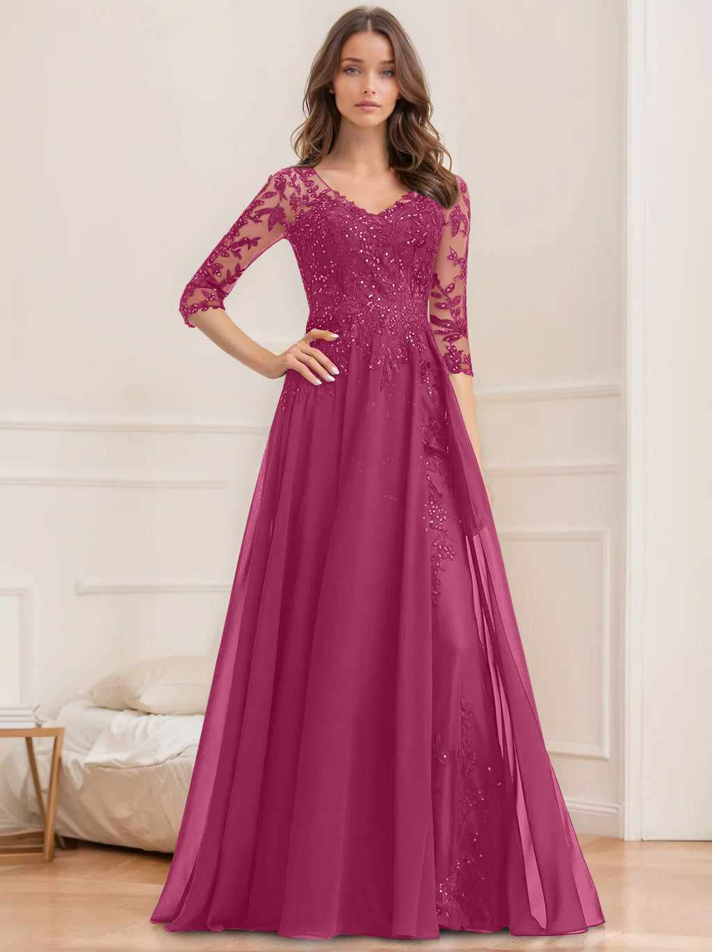 Floor Length V Neck A Line Princess Mother Of The Bride Dress With Sequins