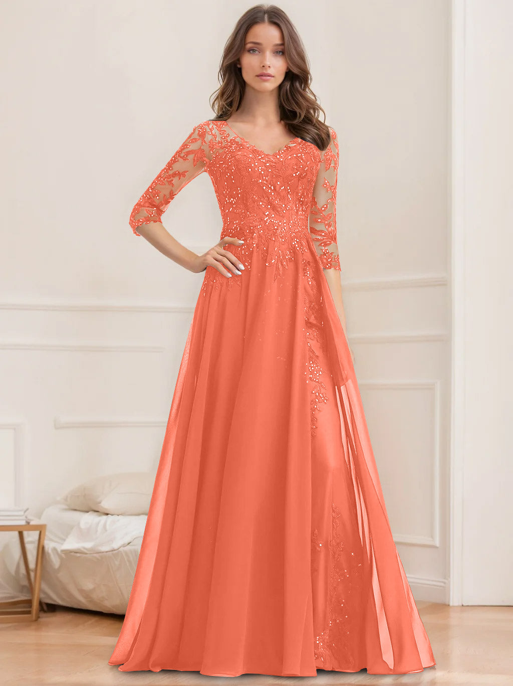 Floor Length V Neck A Line Princess Mother Of The Bride Dress With Sequins