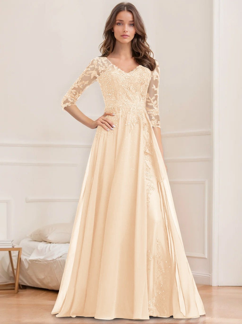 Floor Length V Neck A Line Princess Mother Of The Bride Dress With Sequins