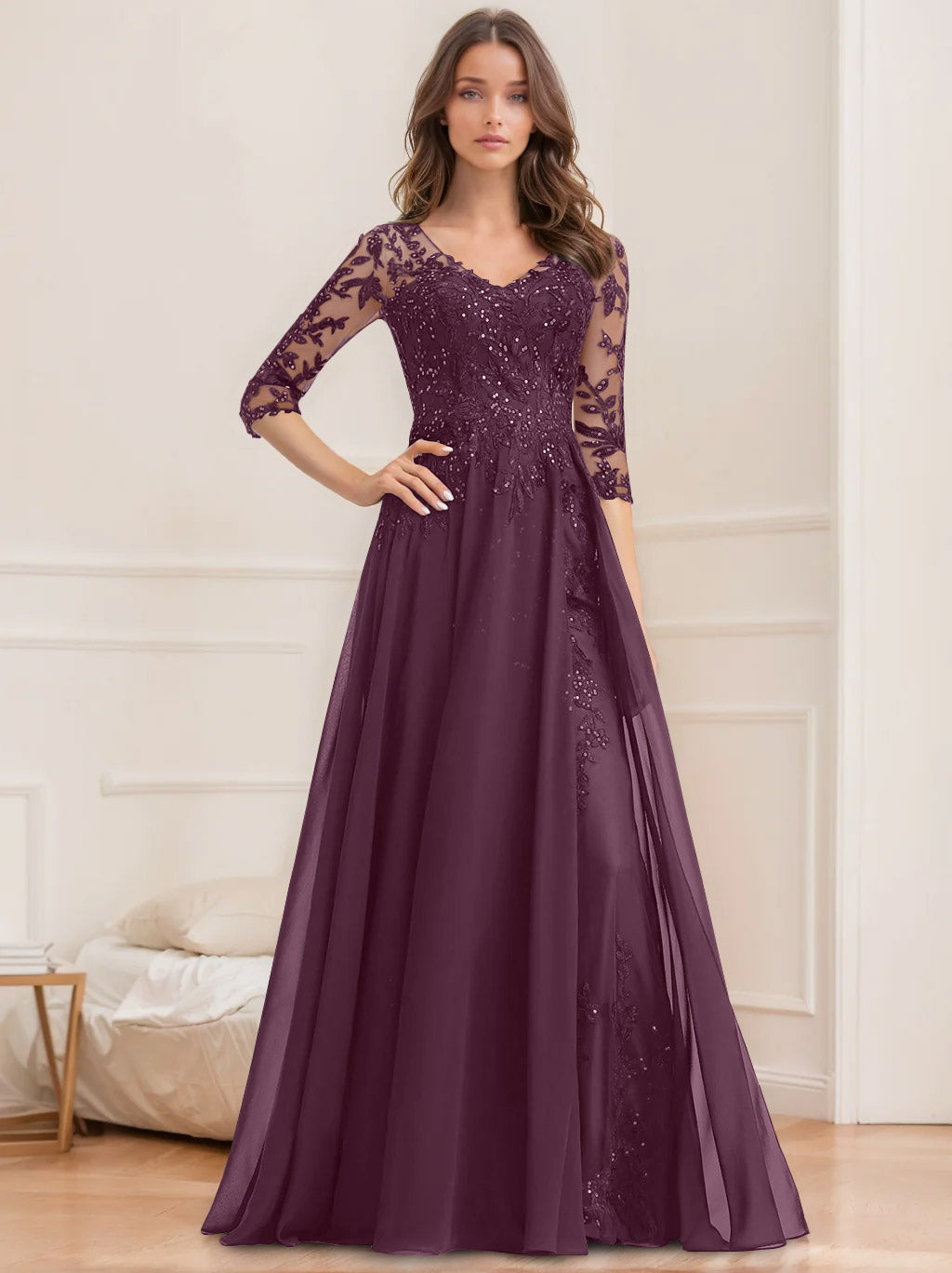 Floor Length V Neck A Line Princess Mother Of The Bride Dress With Sequins