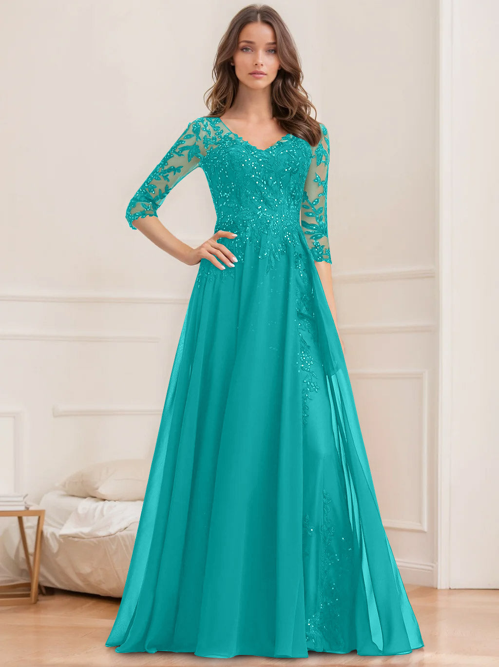Floor Length V Neck A Line Princess Mother Of The Bride Dress With Sequins