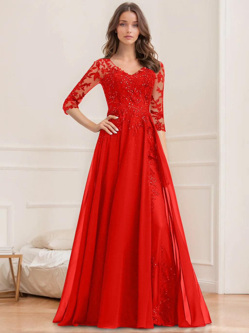 Floor Length V Neck A Line Princess Mother Of The Bride Dress With Sequins