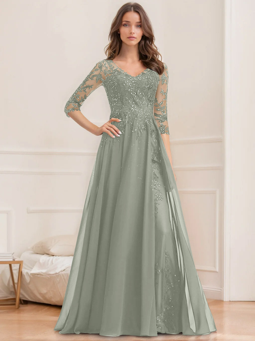 Floor Length V Neck A Line Princess Mother Of The Bride Dress With Sequins