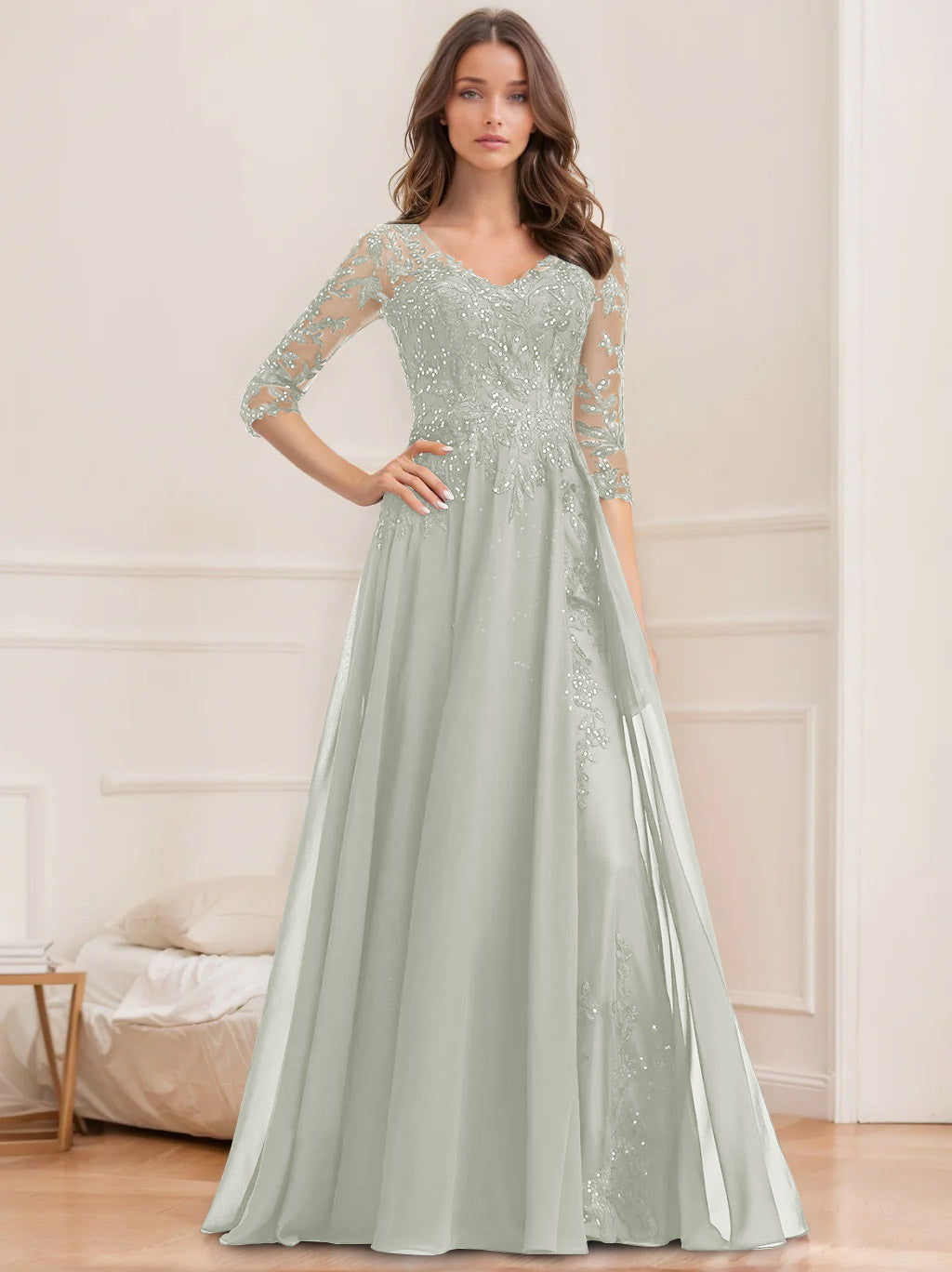Floor Length V Neck A Line Princess Mother Of The Bride Dress With Sequins