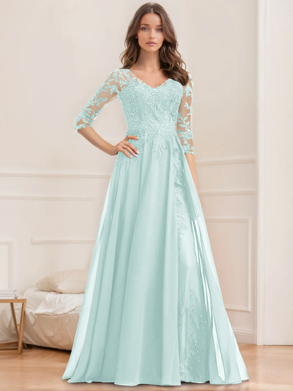 Floor Length V Neck A Line Princess Mother Of The Bride Dress With Sequins