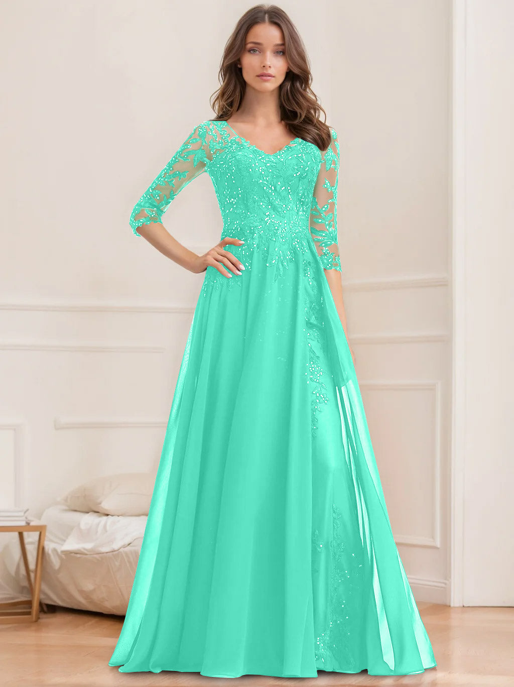 Floor Length V Neck A Line Princess Mother Of The Bride Dress With Sequins