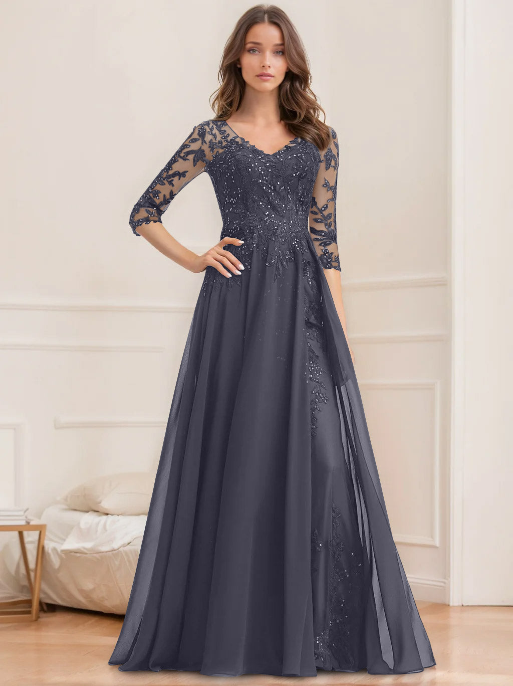 Floor Length V Neck A Line Princess Mother Of The Bride Dress With Sequins