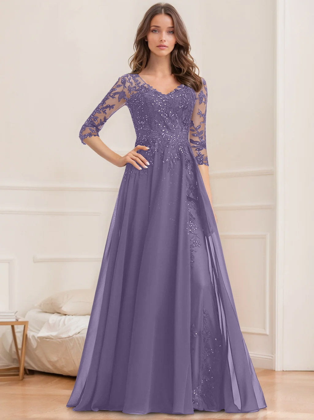 Floor Length V Neck A Line Princess Mother Of The Bride Dress With Sequins