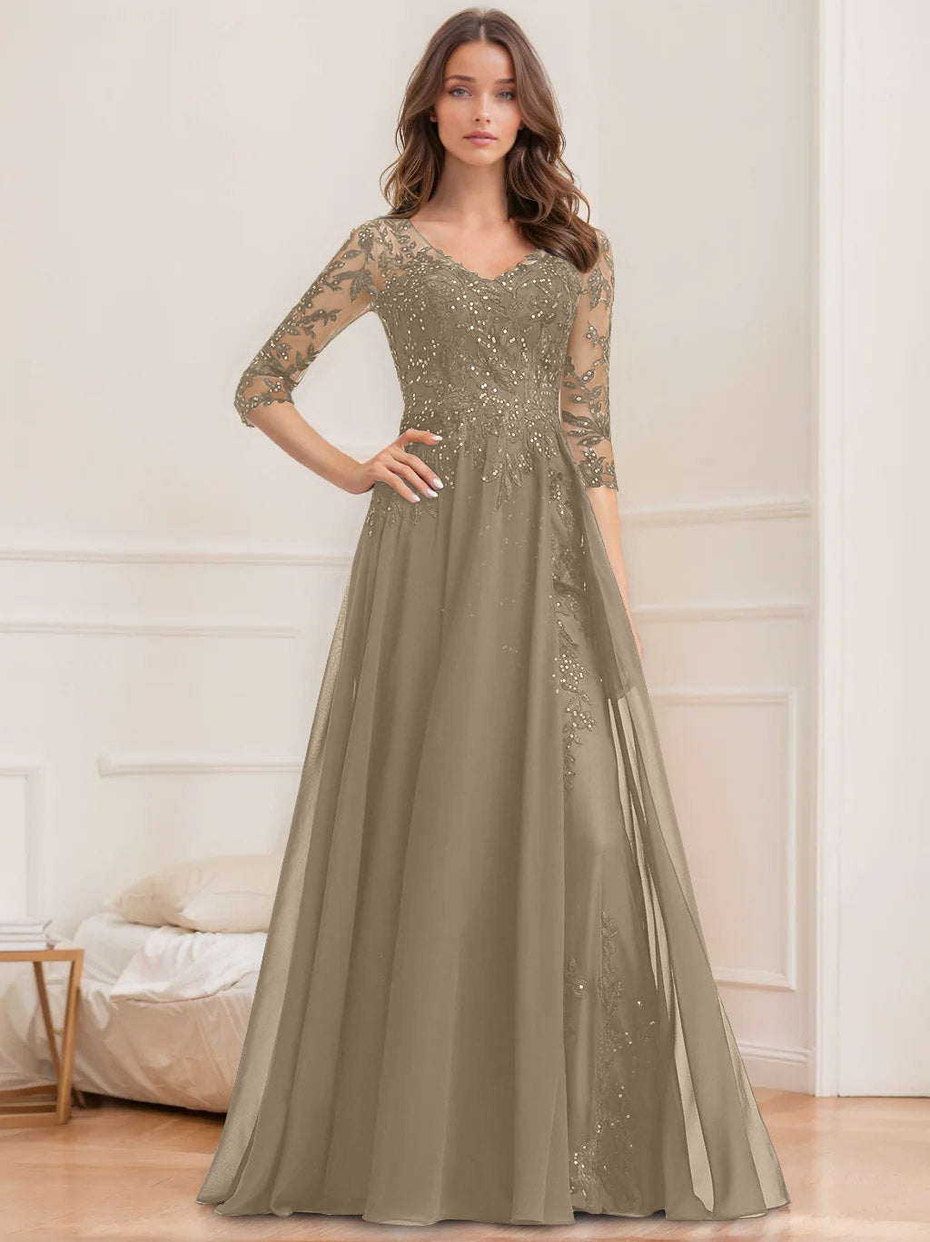 Floor Length V Neck A Line Princess Mother Of The Bride Dress With Sequins