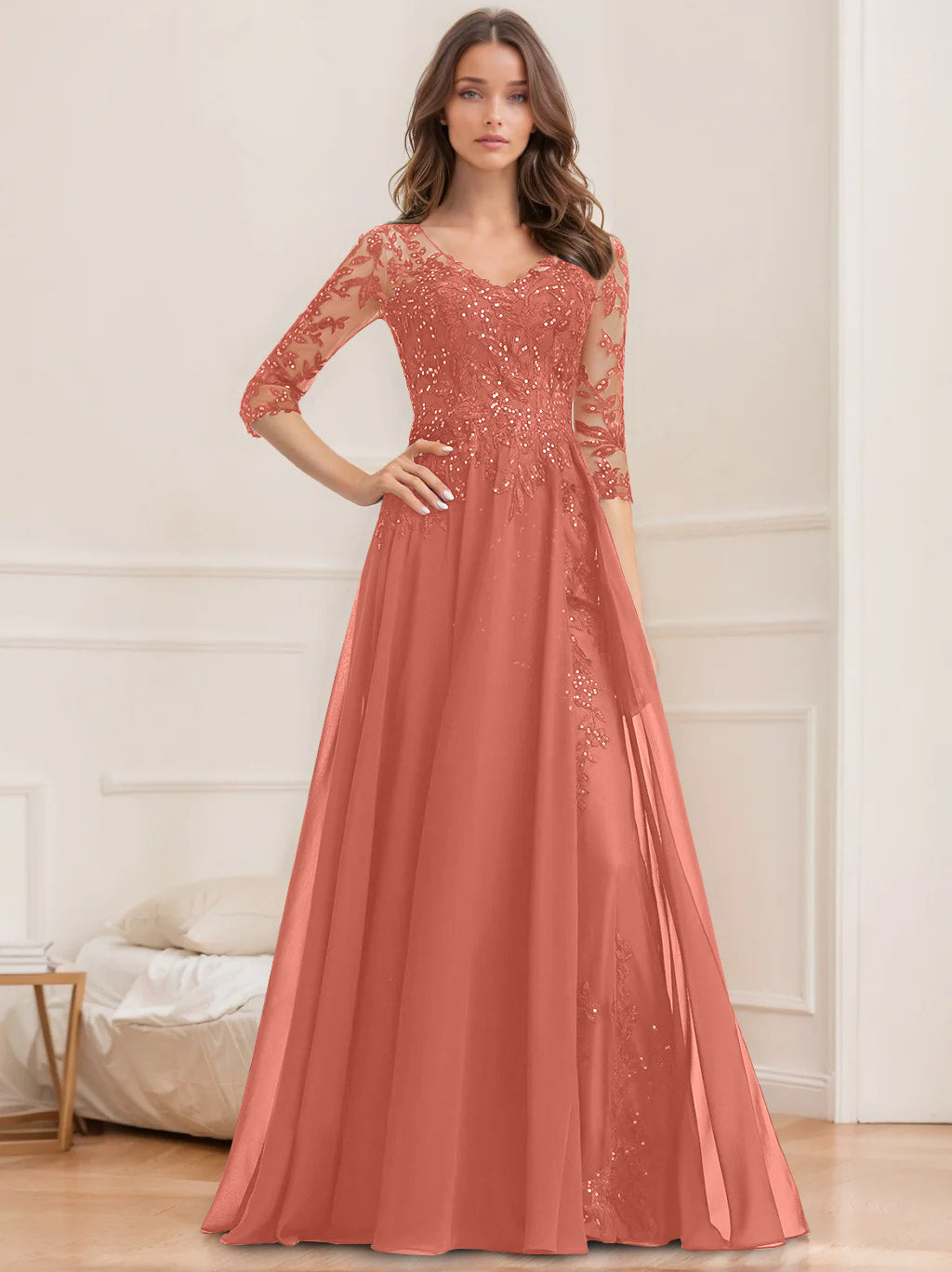 Floor Length V Neck A Line Princess Mother Of The Bride Dress With Sequins