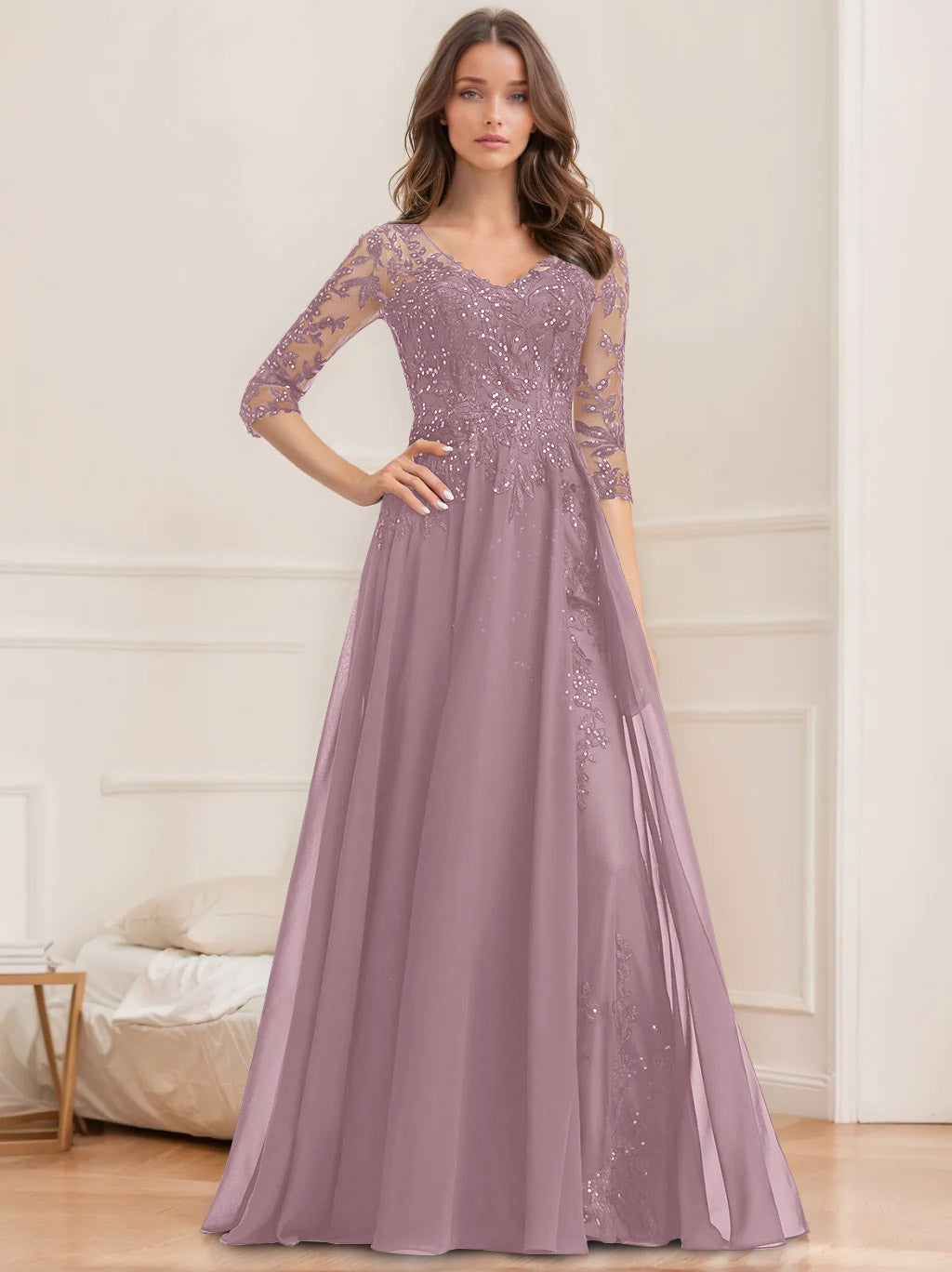 Floor Length V Neck A Line Princess Mother Of The Bride Dress With Sequins
