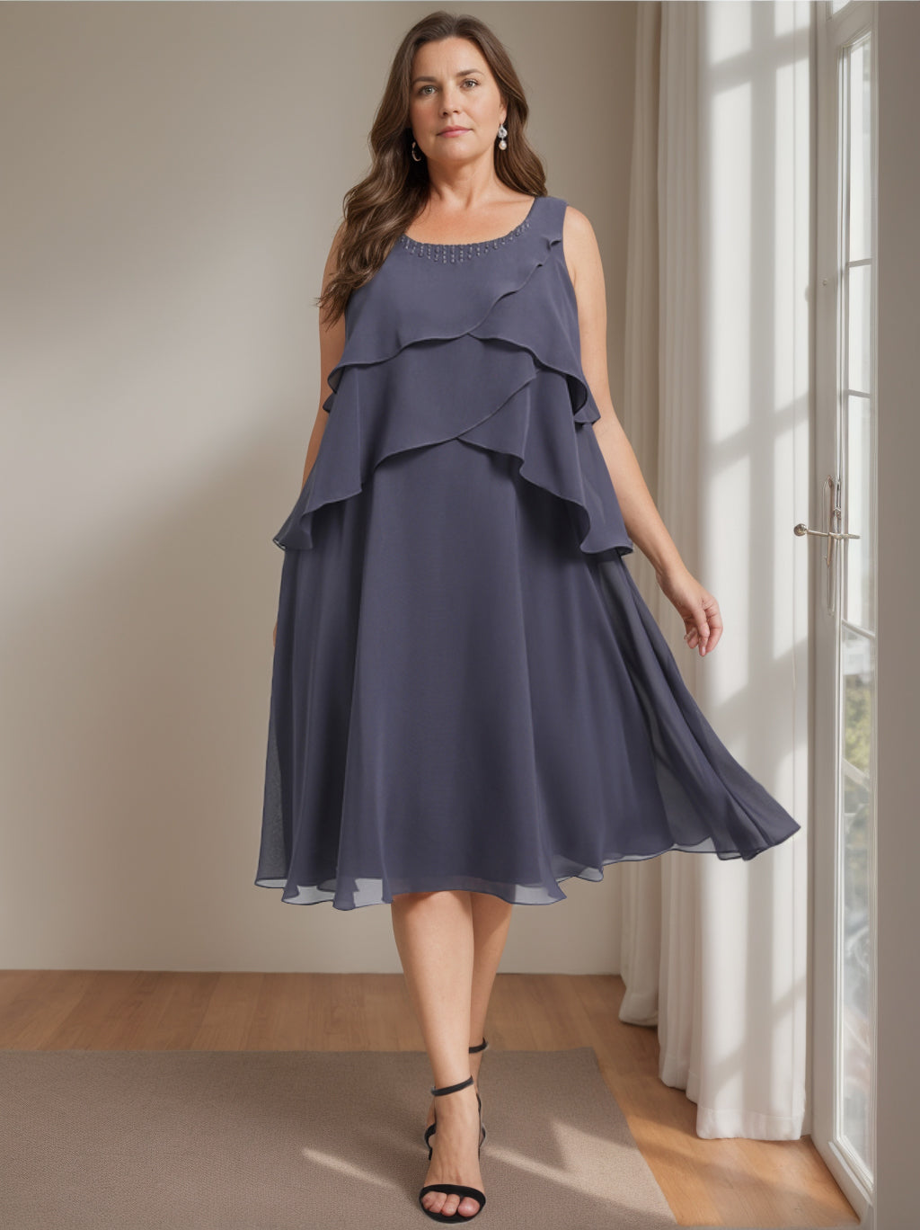 Plus Size Mother of the Bride Knee Length A Line Beaded Dress Scoop Neck