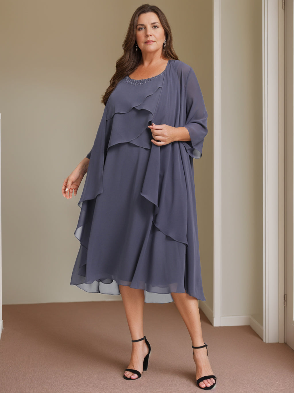 Plus Size Mother of the Bride Knee Length A Line Beaded Dress Scoop Neck