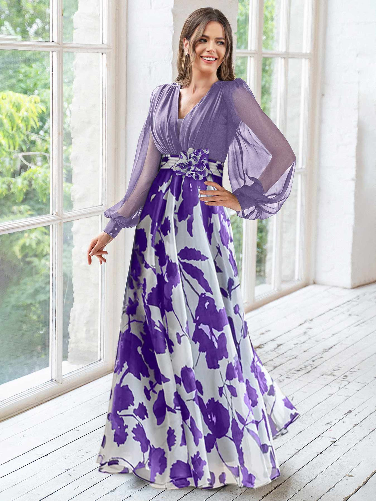 Floral Plus Size Mother Of The Bride Dress With V Neck And Long Sleeves