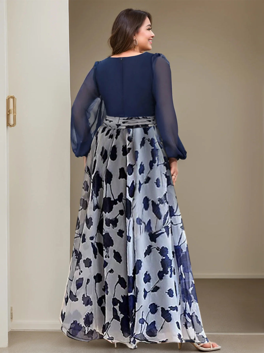 Floral Plus Size Mother Of The Bride Dress With V Neck And Long Sleeves