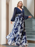Floral Plus Size Mother Of The Bride Dress With V Neck And Long Sleeves