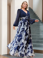 Floral Plus Size Mother Of The Bride Dress With V Neck And Long Sleeves