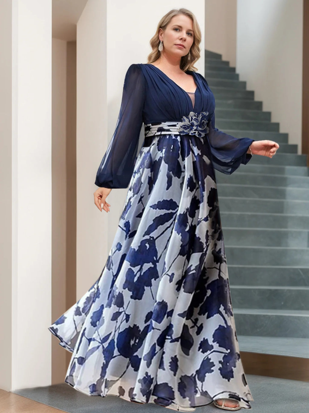 Floor-Length Floral Mother of the Bride Princess V-Neck A-Line Dress With Long Sleeves and Flower