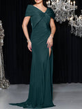 V Neck Mermaid Trumpet Length Silk Satin Mother Of The Bride Dress High Slit