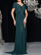 V Neck Mermaid Trumpet Length Silk Satin Mother Of The Bride Dress High Slit