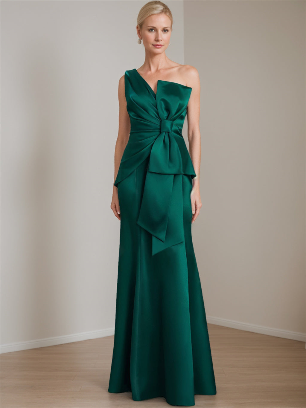 Satin Floor Length Sleeveless One Shoulder Bow Gown For Mother Of The Bride