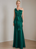 Satin Floor Length Sleeveless One Shoulder Bow Gown For Mother Of The Bride
