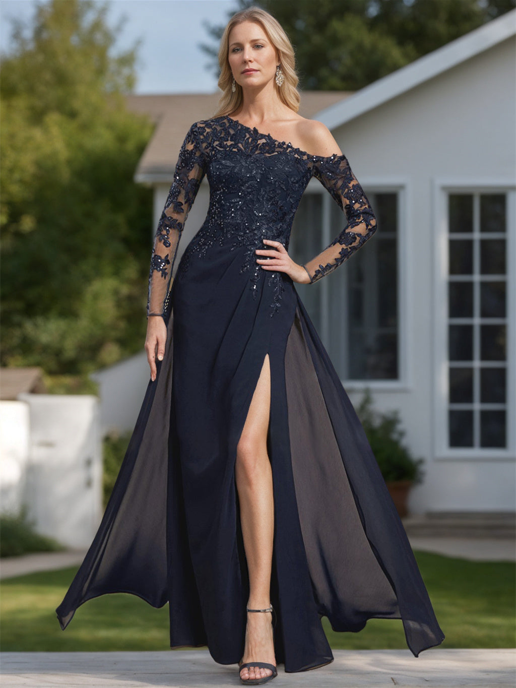 One Shoulder Floor Length A Line Mother Of The Bride Dress With Long Sleeves