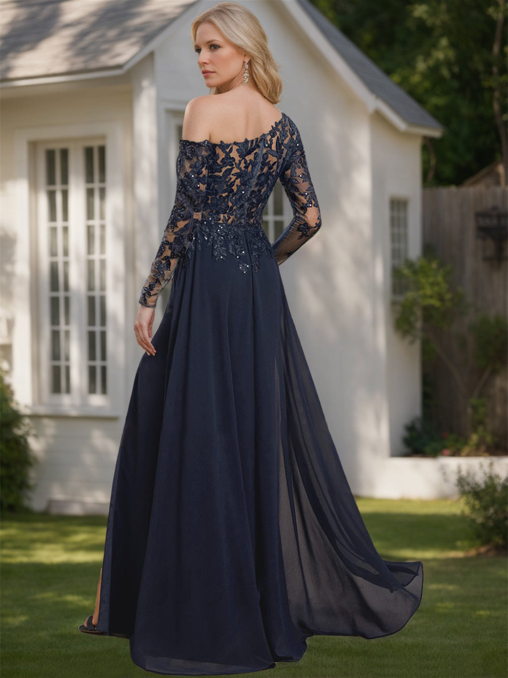 One Shoulder Floor Length A Line Mother Of The Bride Dress With Long Sleeves