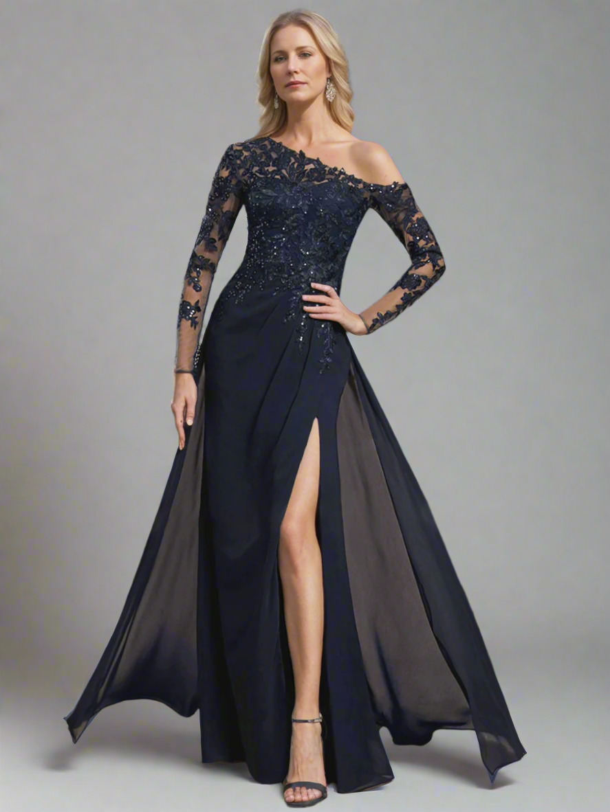 One Shoulder Floor Length A Line Mother Of The Bride Dress With Long Sleeves