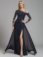 One Shoulder Floor Length A Line Mother Of The Bride Dress With Long Sleeves