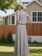 Floor Length Chiffon Gown With Lace Half Sleeves For Mother Of The Bride