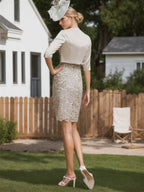 Knee Length Satin Mother Of The Bride Dress With Scoop Neck Lace Sleeves