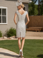 Knee Length Satin Mother Of The Bride Dress With Scoop Neck Lace Sleeves