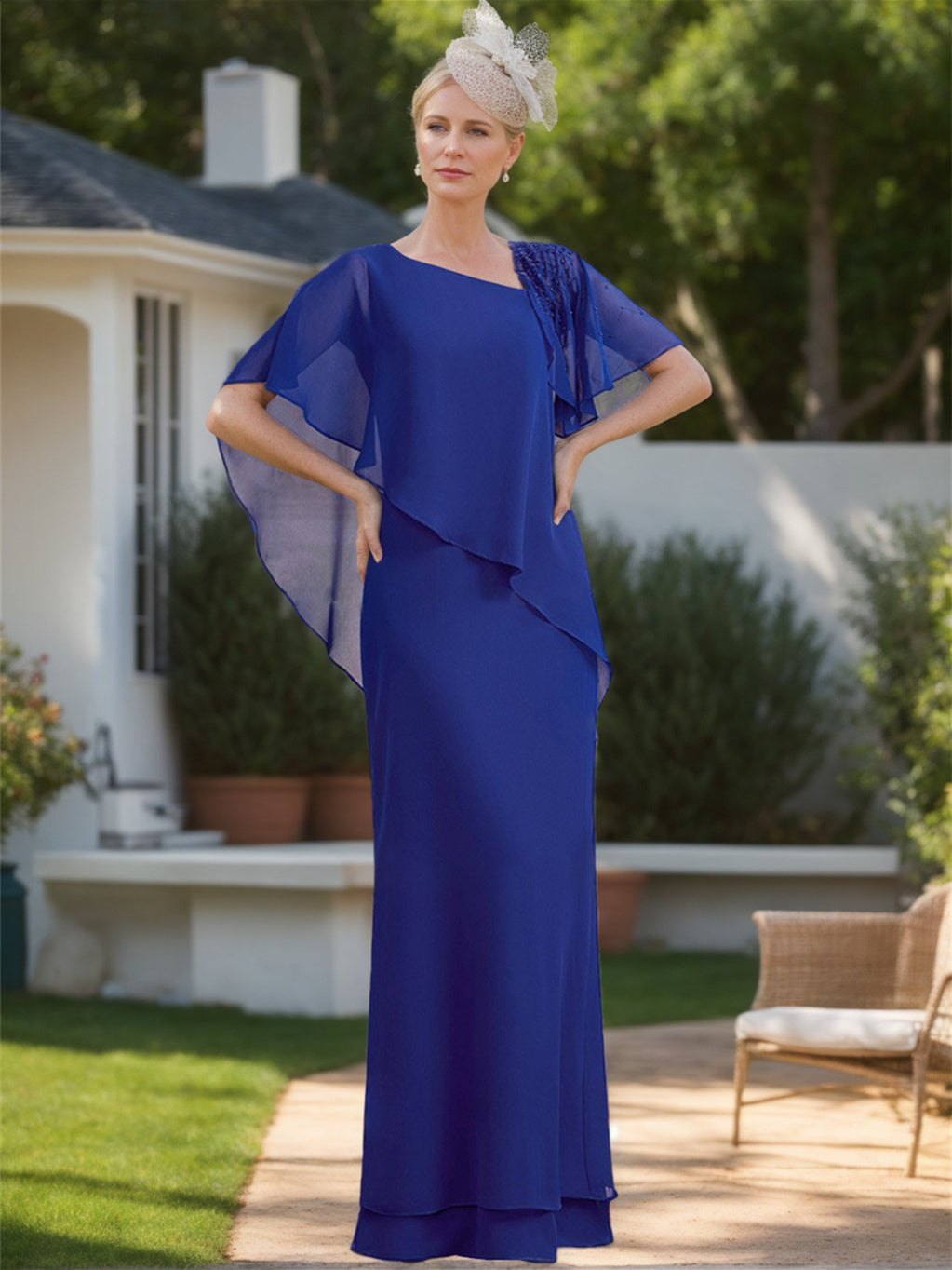 Chiffon Asymmetrical Ruffle Short Sleeves Floor Length Mother Of The Bride Dress