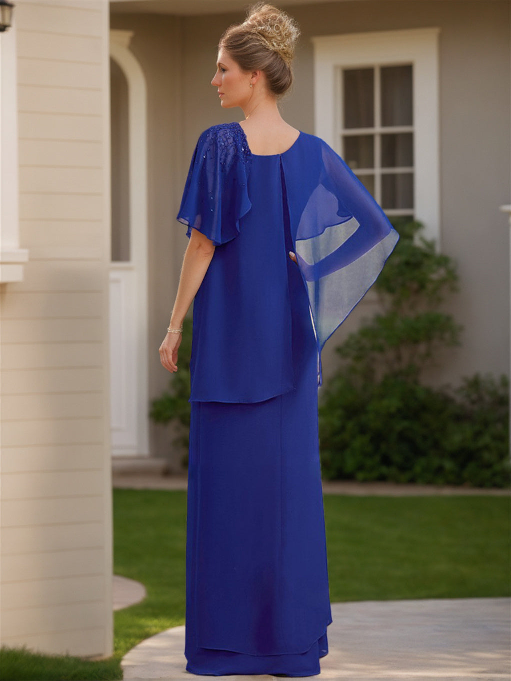 Chiffon Asymmetrical Ruffle Short Sleeves Floor Length Mother Of The Bride Dress