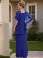 Chiffon Asymmetrical Ruffle Short Sleeves Floor Length Mother Of The Bride Dress