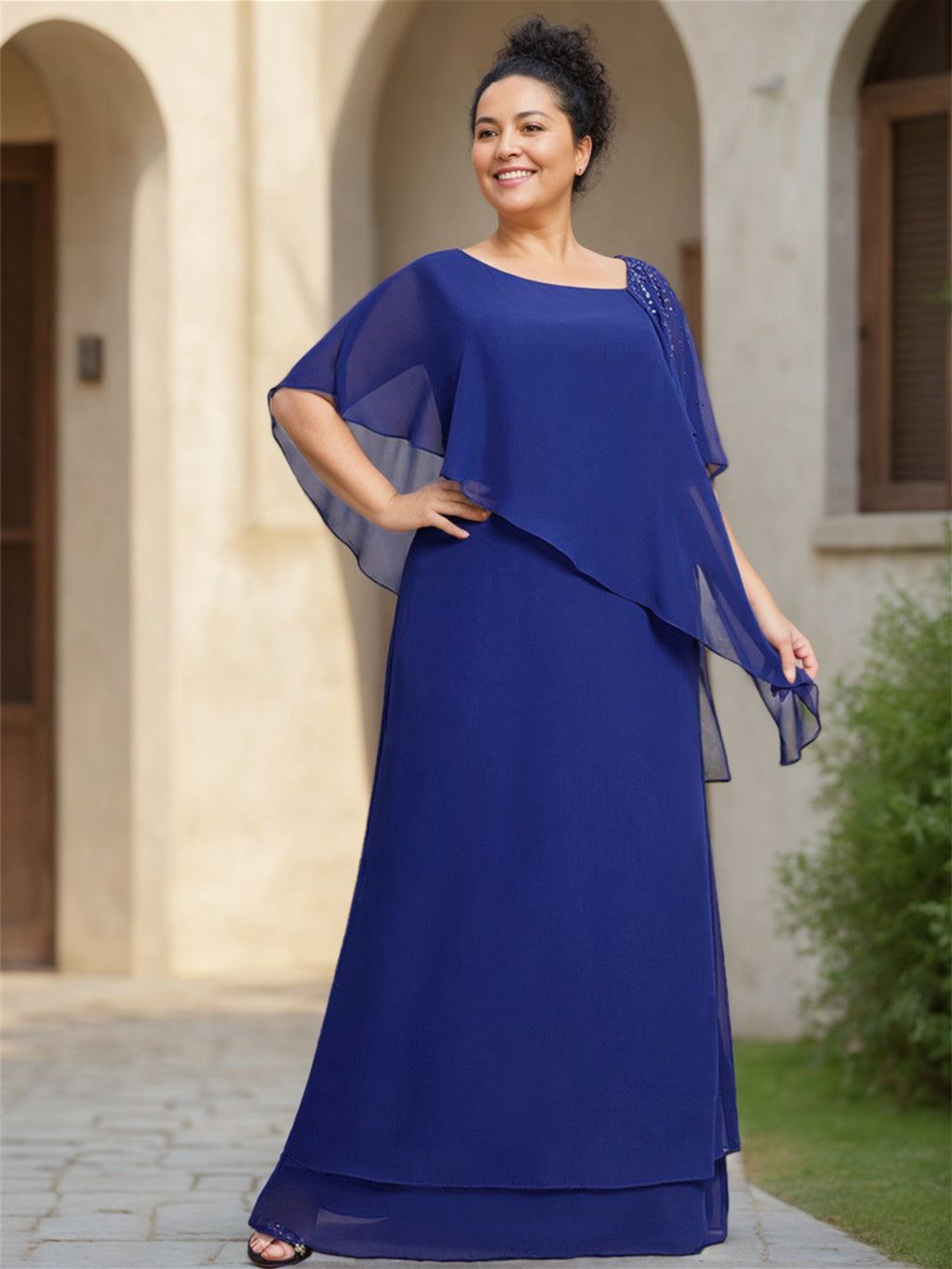 Chiffon Asymmetrical Ruffle Short Sleeves Floor Length Mother Of The Bride Dress
