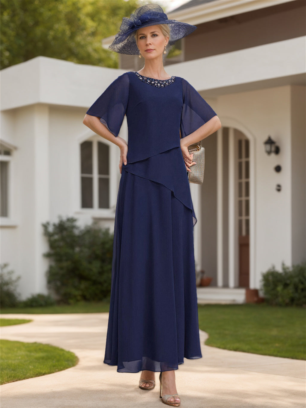 Scoop Neck Chiffon Mother Of The Bride Dress Half Sleeves A Line Princess Style