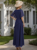 Scoop Neck Chiffon Mother Of The Bride Dress Half Sleeves A Line Princess Style