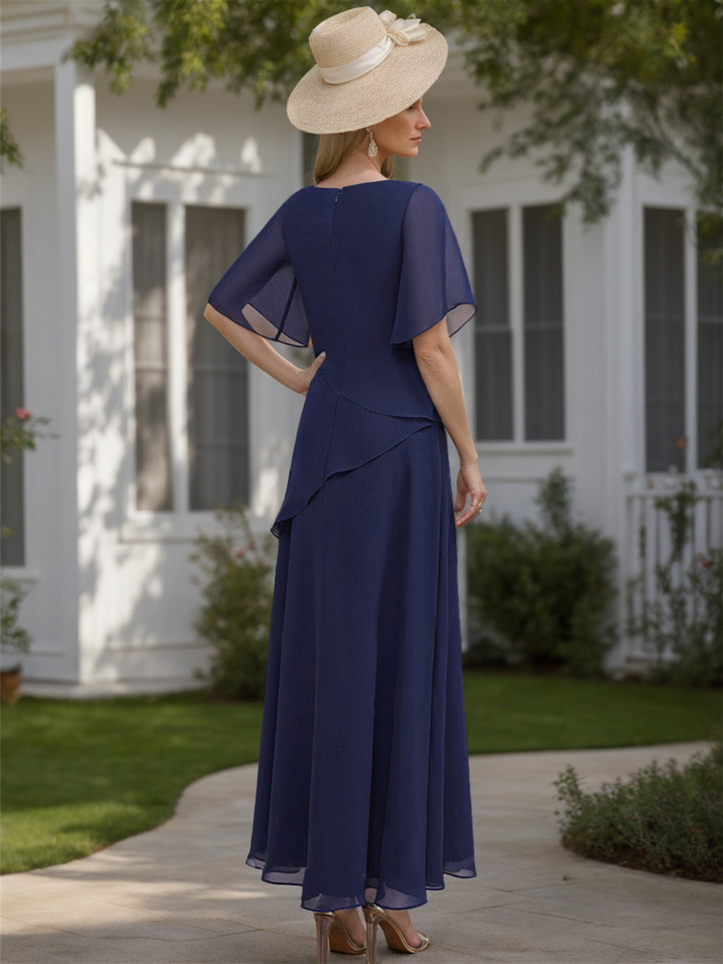 Scoop Neck Chiffon Mother Of The Bride Dress Half Sleeves A Line Princess Style